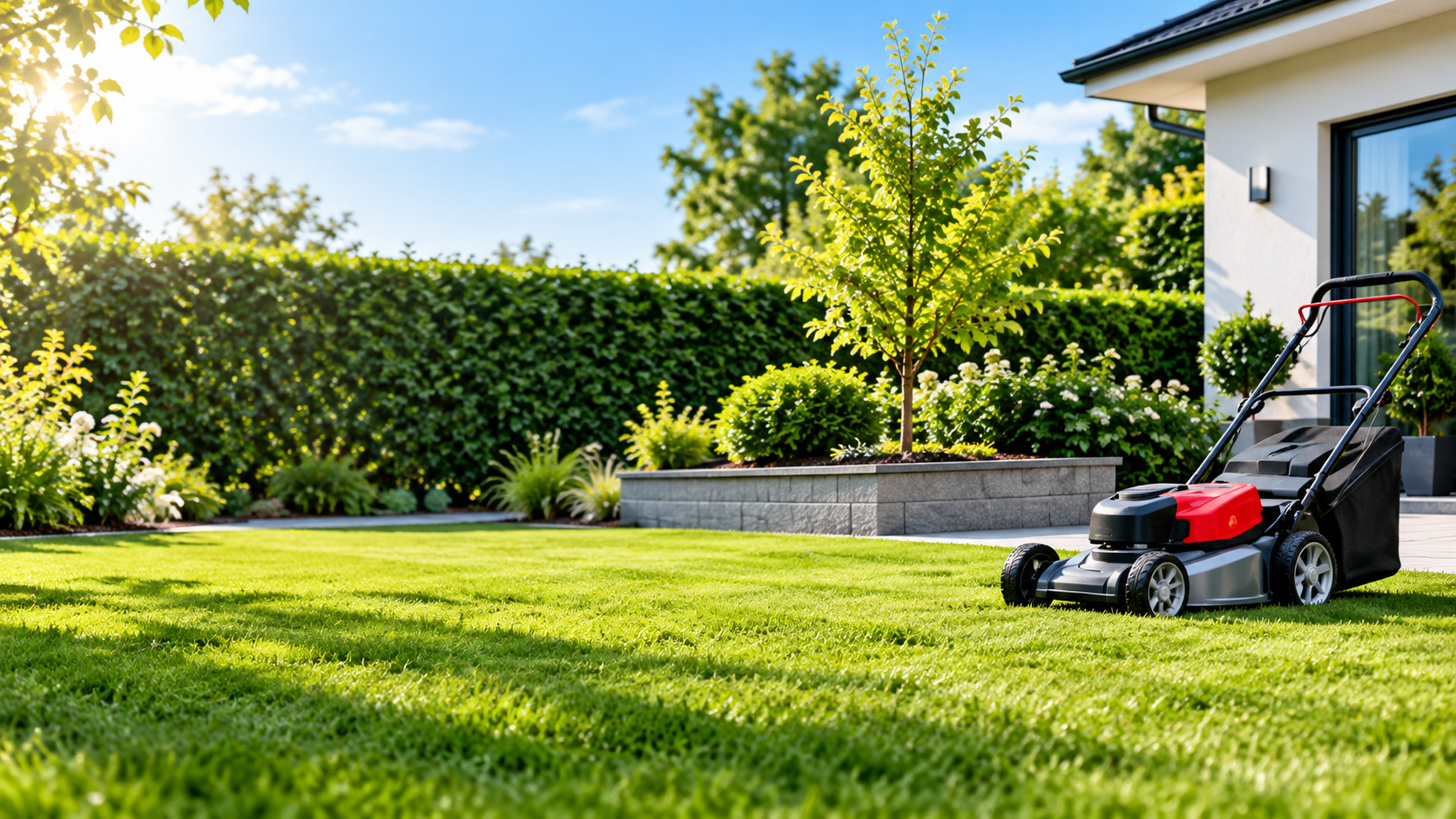 Gartenpflege mit Rasenmäher, gepflegtem Rasen und Hecke