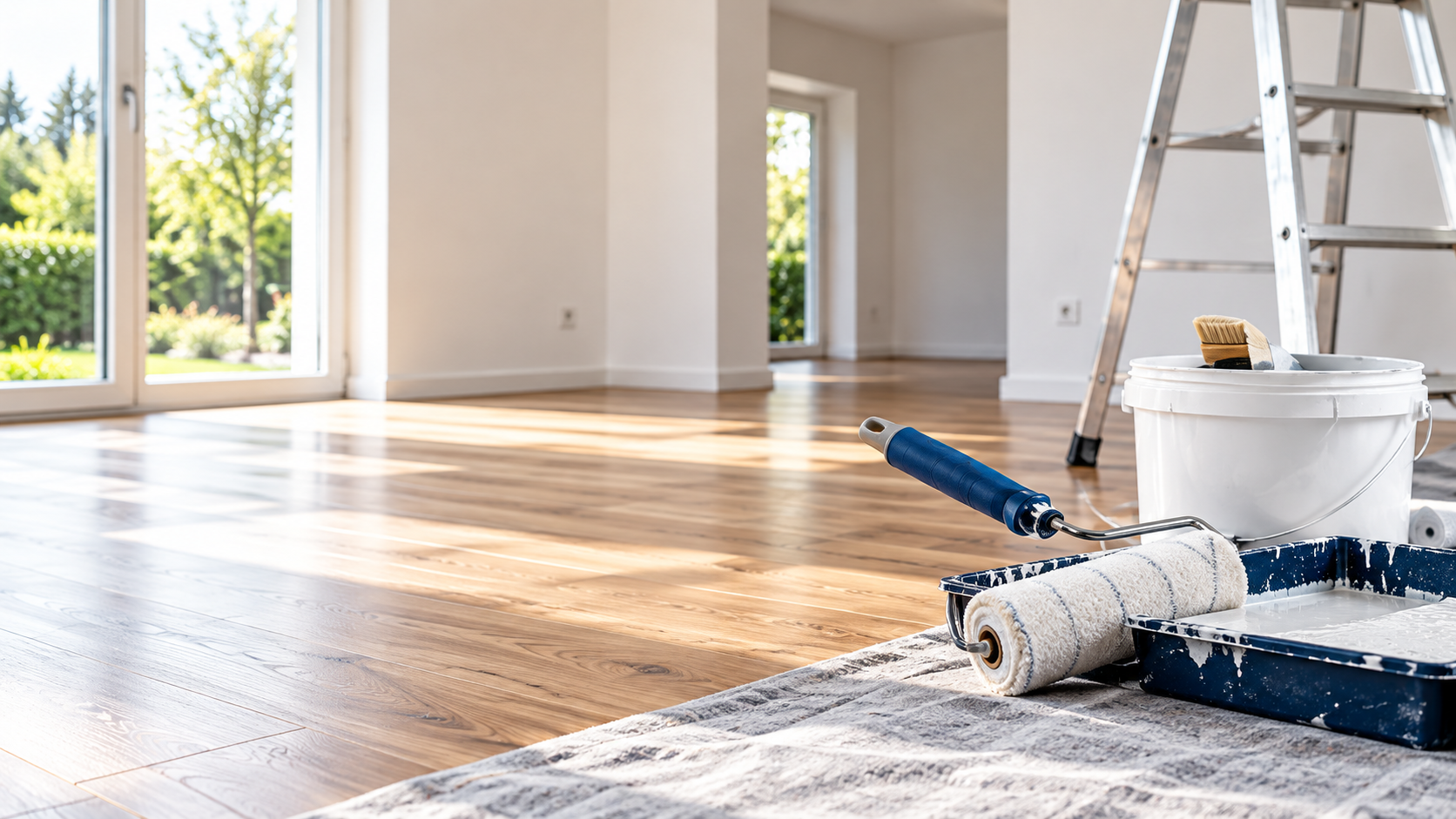 Renovationsarbeiten mit Farbroller, Leiter und Holzboden